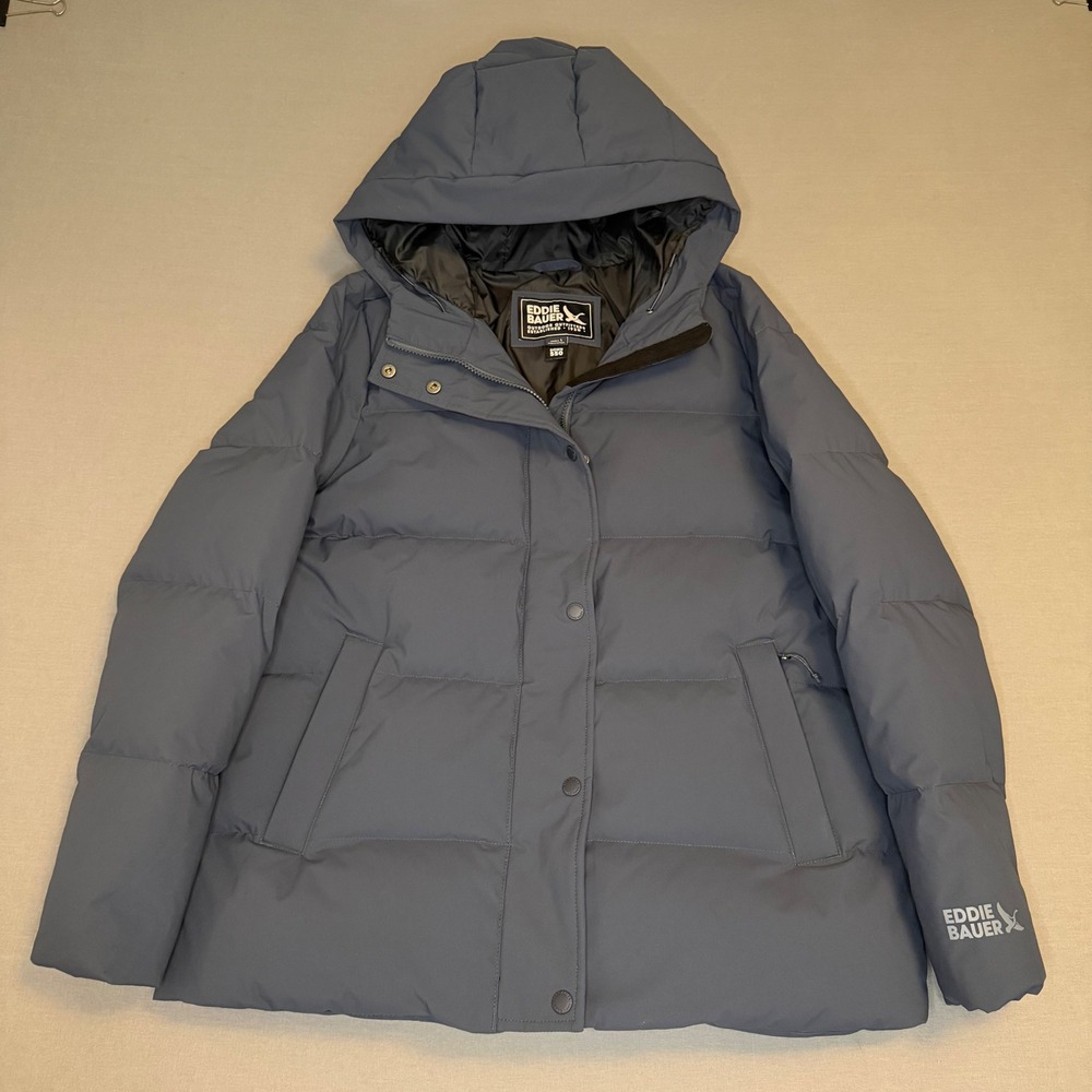 Eddie Bauer Womens 550 Down Puffer Jacket Slate Blue Hooded Parka Large